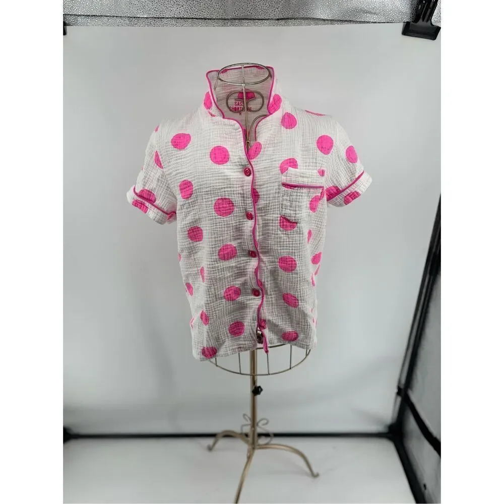 Sassy Shortcake Pink Polka Dot Gauze Pajama Top Button Front Medium